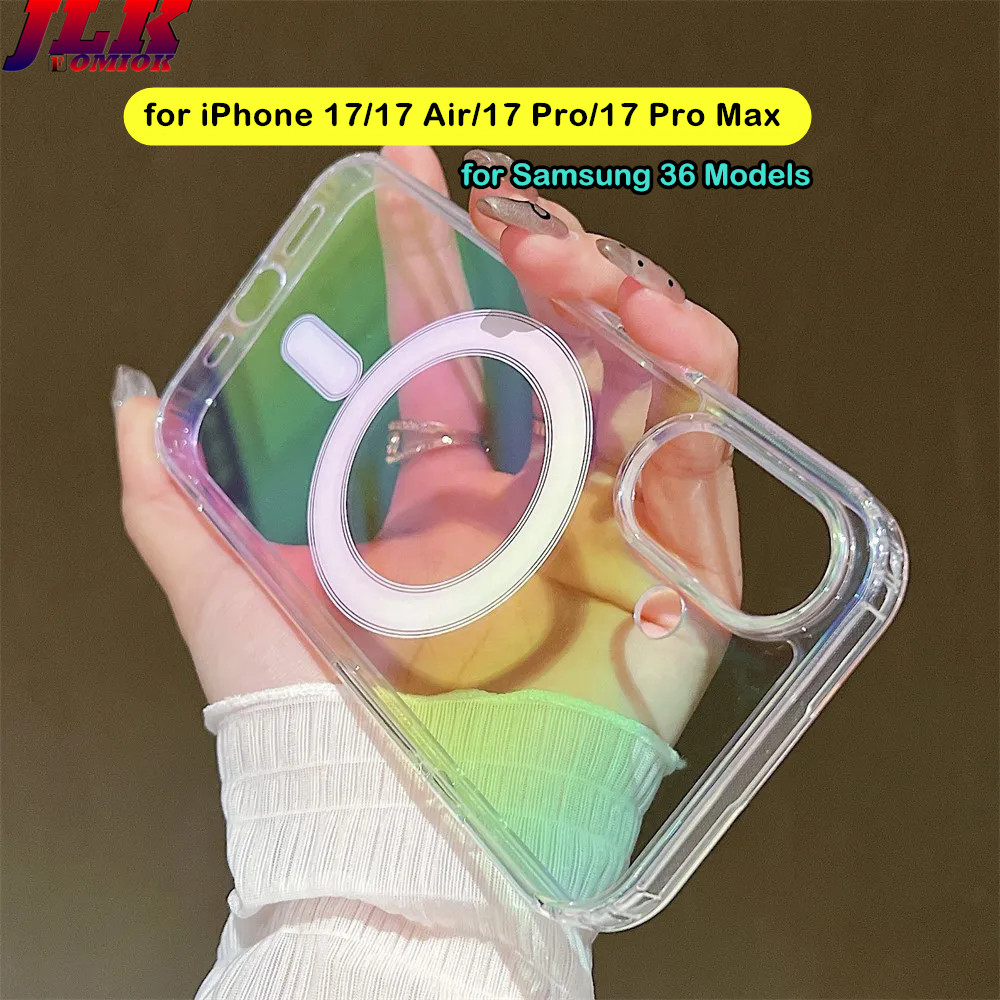 SAMSUNG [JLK] เลเซอร์สะท้อนแสงแม่เหล็กโปร่งใสสําหรับiPhone 17 Air 16e 16 15 14 Pro Max Plus 13 12 11 XR XS 7 8 SE 2022 2020 กันกระแทกปกแข็งสําหรับSamsung S25 Edge S24 S23 S22