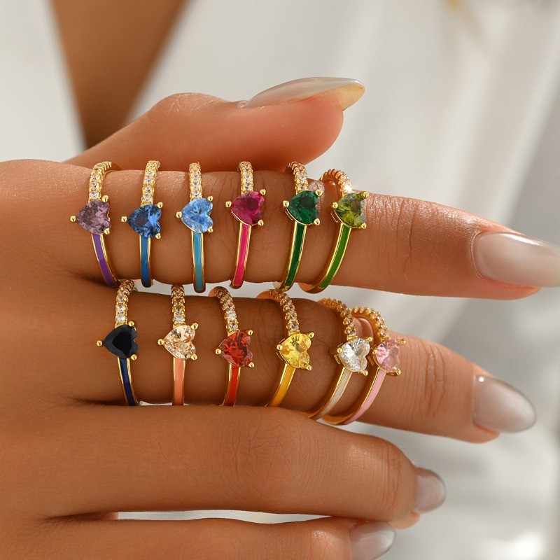 แฟชั่น Retro Birthstone Love Heart แหวนผู้หญิง Drop Glaze Zircon เปิดแหวน