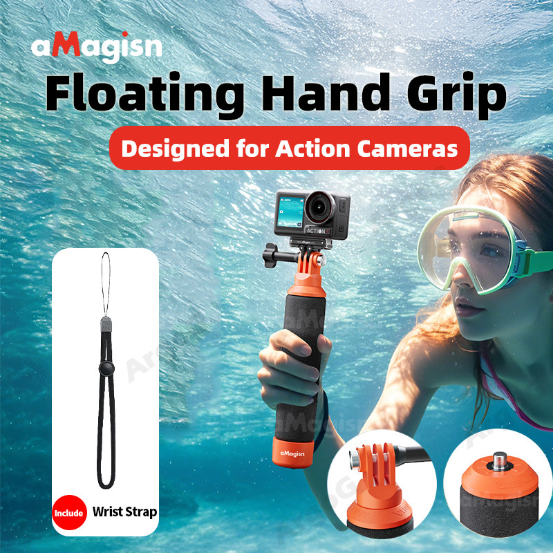 aMagisn ด้ามจับลอยน้ำ สำหรับ Insta360/DJI/GoPro กล้องแอคชั่น ด้ามจับกันจมน้ำ พร้อมข้อต่อ 1/4" และ 3-Prong วัสดุ ABS+โฟม