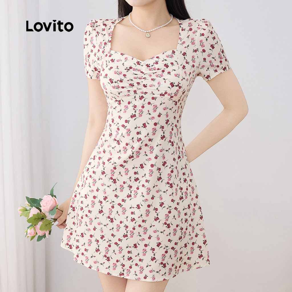 ชุดเดรสสั้นลายดอกแขนตุ๊กตาคอเหลี่ยม B135-3-DRB135P2D298