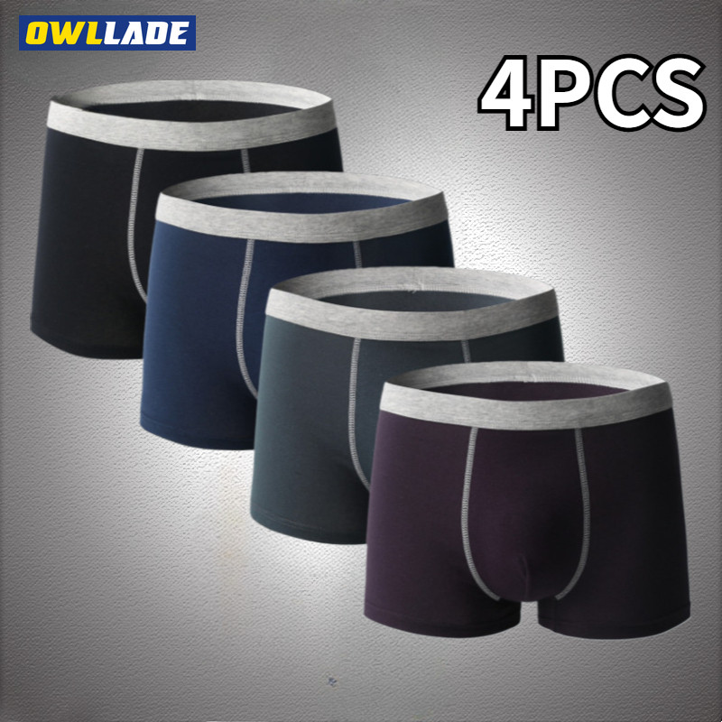 OWLLADE 4PCS Boxer Lelaki Cotton 100% สั้นสําหรับชายชุดชั้นใน Man ยืด Breathable 8864 สีดํา H08 2T