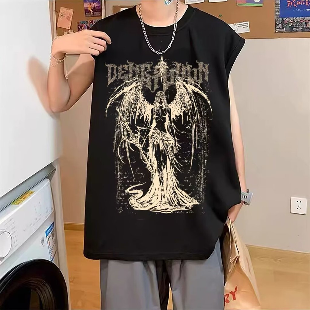Plus ขนาด M-5XL TanksMen Tanks เสื้อสวมหัว Oversize ถังเสื้อผ้าผู้ชายสไตล์อเมริกันสนุกออกแบบ Winged Angel การพิมพ์ขนาดใหญ่แขนกุด Tees