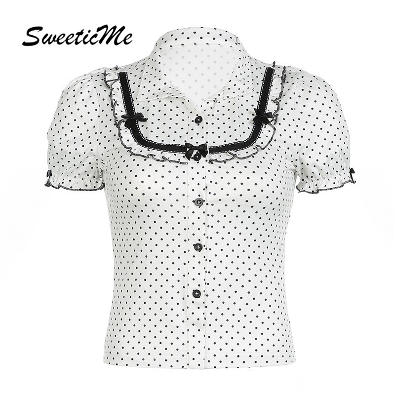 ท็อปส์ซูของผู้หญิง SweeticMe 2025 เสื้อโปโลลําลองแขนพองลายจุดแฟชั่นใหม่