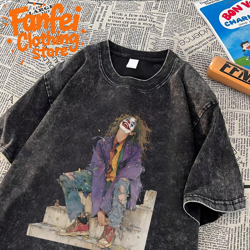 (จัดส่งตลอด 24 ชั่วโมง)Fanfei สไตล์อเมริกัน Joker เสื้อยืดฟอก oversize ผ้าฝ้าย100% โอเวอร์ไซซ์ เรโทร