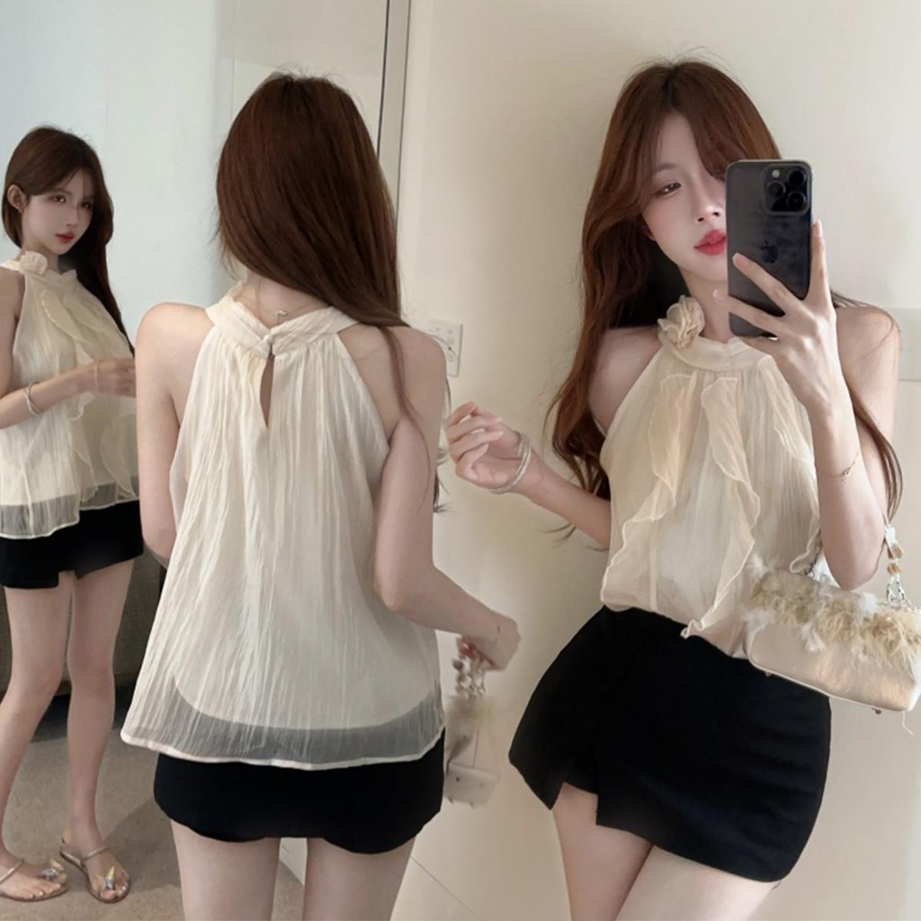Chili Koko เสื้อแขนกุดคอฮอลเตอร์ลายดอกไม้สามมิติสไตล์ฝรั่งเศส เสื้อชีฟองแขนกุดเปิดไหล่สไตล์เรโทรพร้อมระบาย w602