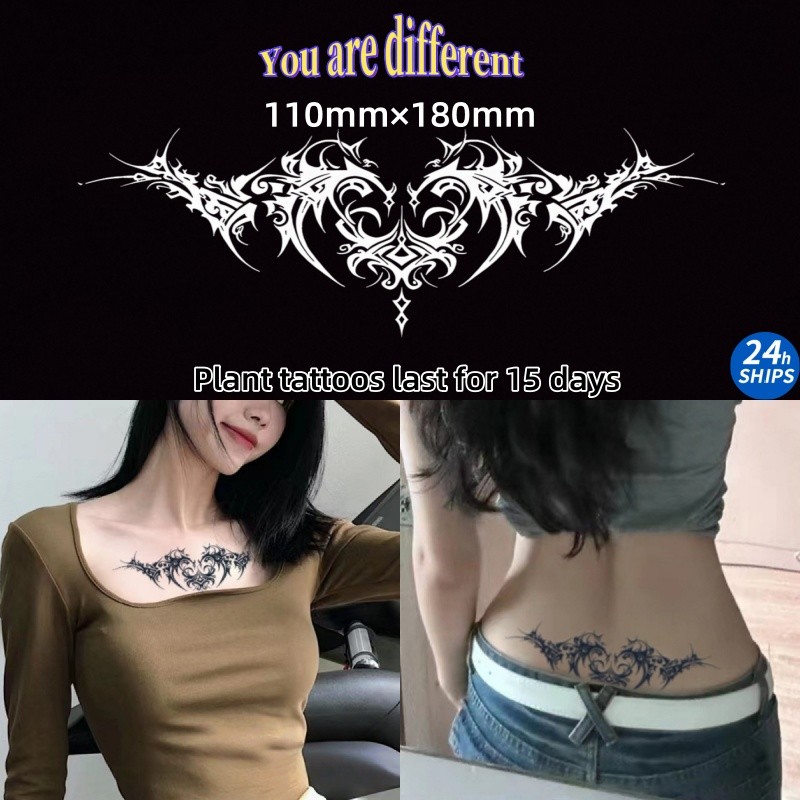 สีดําเพชรรูปแบบสักสาวเซ็กซี่กระดูกไหปลาร้าพืชสักสติกเกอร์รอยสักกันน้ํายาวนาน15วันสติกเกอร์ผิวชั่วคราวสักปลอม