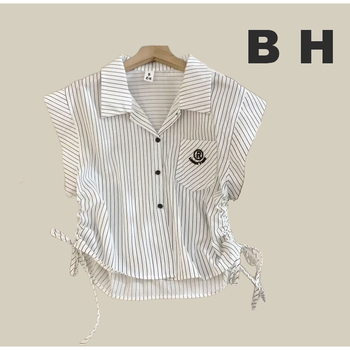 ข เสื้อเชิ้ตแขนบินลายทางผู้หญิงฤดูร้อน เสื้อโปโลแขนสั้นเชือกสั้น