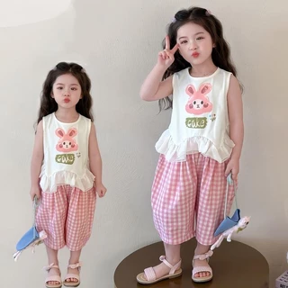 MooDeng Baby ชุดเสื้อ+กางเกง ลายกระต่ายฤดูร้อน ชุดเสื้อ+กางเกงเด็กผ้านิ่ม สวมใส่สบาย เสื้อกั๊ก เด็กหญิง