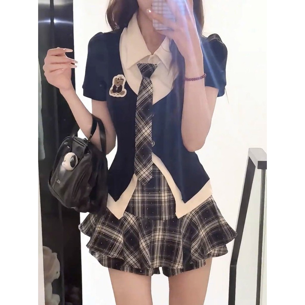 Jk เครื่องแบบ JK ญี่ปุ่น Hot Girl jk เครื่องแบบฤดูร้อน Preppy สไตล์ปลอมสองชิ้นแขนสั้น Slim-Fit Top ต