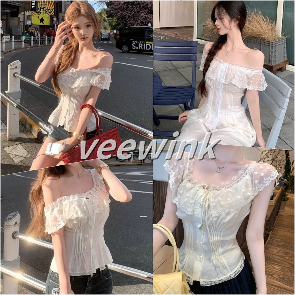Veewink พร้อมส่งจากกทม เสื้อยืดแขนสั้น สไตล์ใหม่ เสื้อยืดโบว์ลูกไม้สไตล์ฝรั่งเศสผู้หญิง แต่งลูกเล่นด้านหน้าและมีเชือกผูก