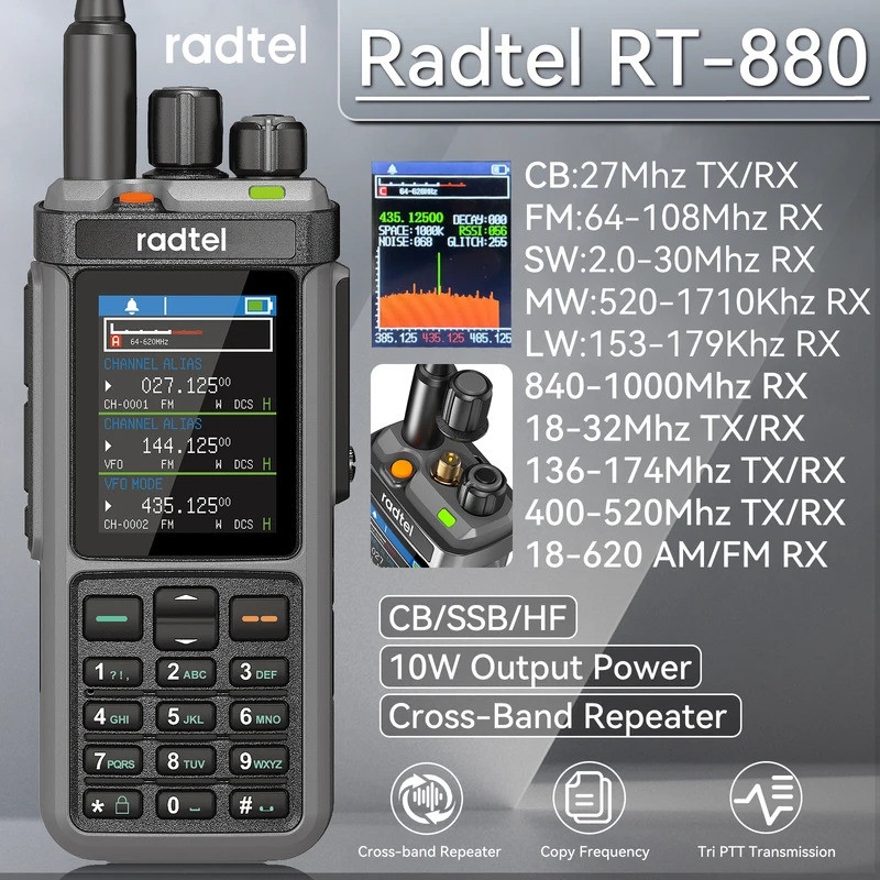 Radtel RT-880 10w Multi Band Ham วิทยุ HF UHF VHF พร้อม AM USB LSB CW CB LW MW SW SSB, 1024 ช่อง, Cr