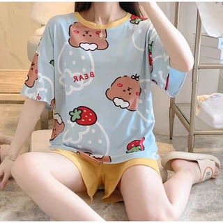 💗 Alva 💗 ชุดนอน คอกลมเสื้อแขนสั้นลายการ์ตูนน่ารักมากๆ ผ้าคอตตอน เนื้อผ้านิ่ม ใส่สบาย ฟรีไซส์ #6004