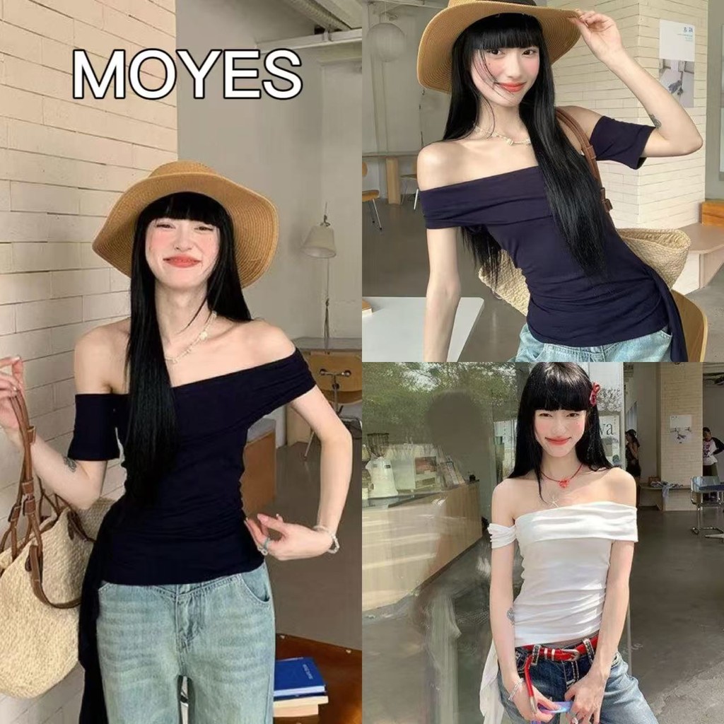 MOYES🔥เสื้อยืดแขนสั้นสีดำสำหรับผู้หญิงในช่วงฤดูร้อน เปิดไหล่ ตกแต่งด้วยริบบิ้น ดีไซน์ทันสมัย ​​พร้อมเสื้อครอปเข้ารูป