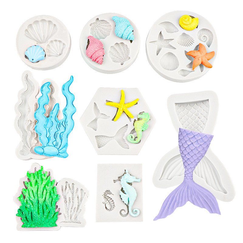 Marine Theme F Ondant แม่พิมพ์ซิลิโคนเปลือกหอย Conch Mermaid Tail Seahorse ปลาดาว Coral DIY Handmade เบเกอรี่เครื่องมือสําหรับ Mermaid Theme เค้กตกแต่ง