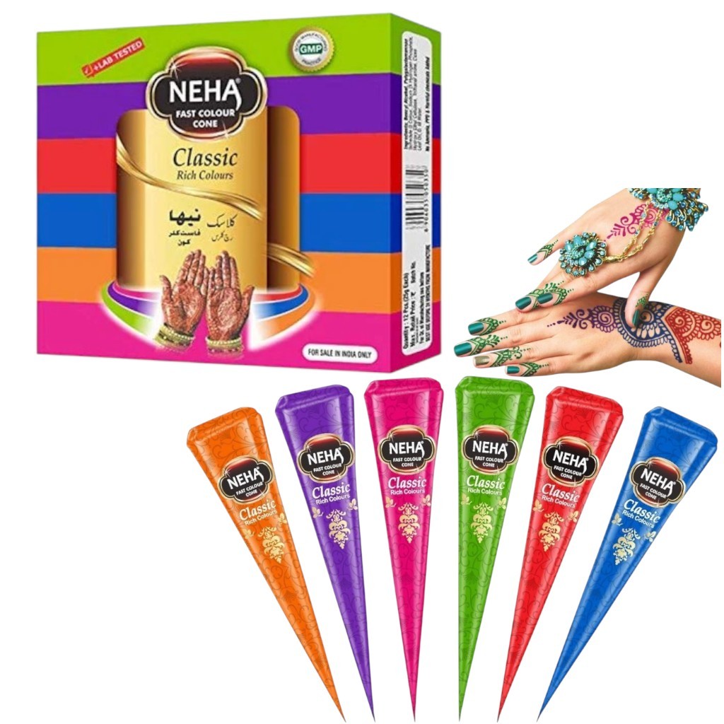 Neha Color Henna สติกเกอร์รอยสักชั่วคราว รูปกรวยเฮนน่า สีดํา สีน้ําตาล สีแดง สีขาว สไตล์อินเดีย