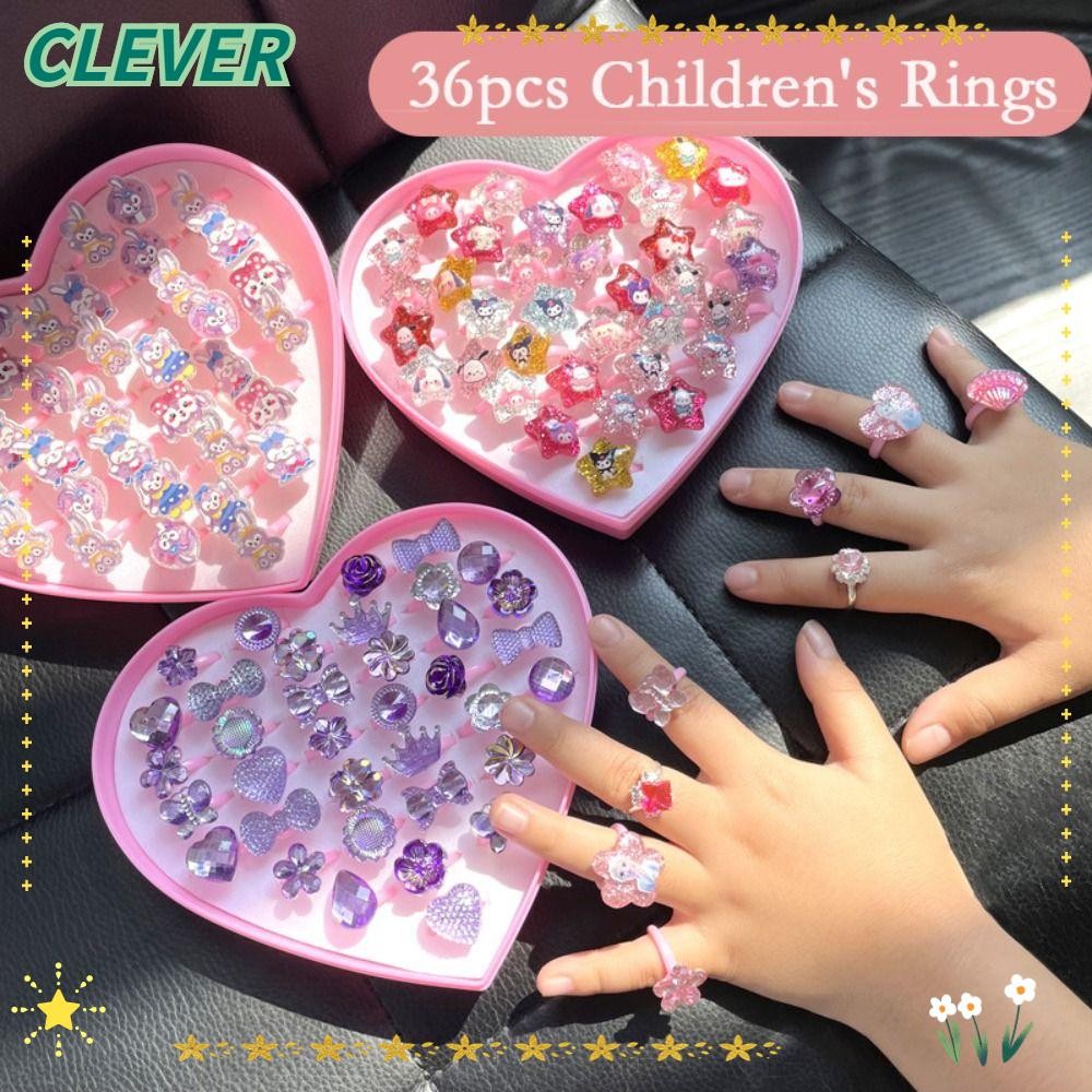 SANRIO หนีไป 36ชิ้น/เซ็ตสาวอัญมณีแหวน,การ์ตูน ซานริโอ คุโรมิ เด็กแหวนชุดของเล่น,น่ารักรูปหัวใจกล่องปรับขนาดเจ้าหญิงน้อยแหวนเด็กของขวัญวันเกิ