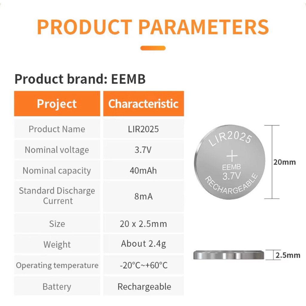 ถ่านชาร์จ CR2025 High capacity 40mAh Rechargeable Button Batteries 3.7v  CR2025 CR 2025 Coin Lithium