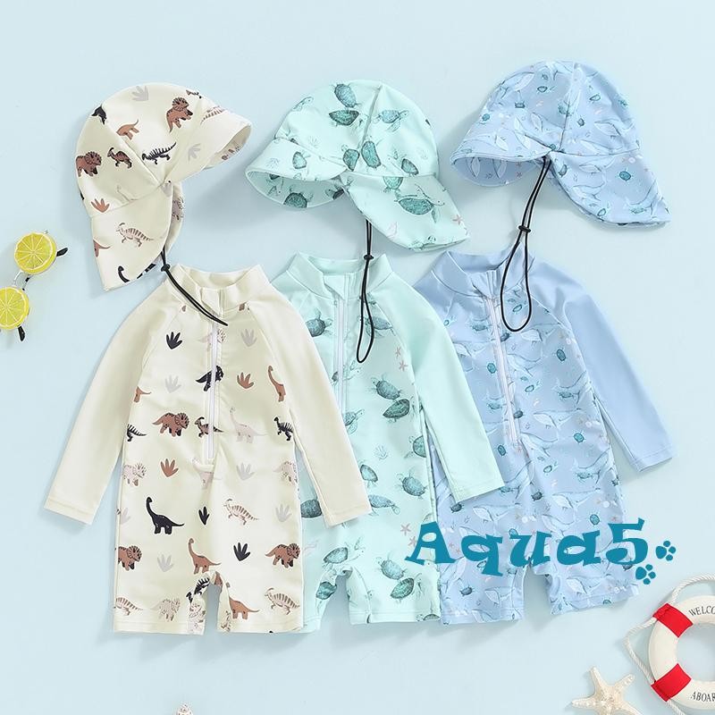 อุ๊ย-เด็กทารกชุดว่ายน้ําชุดปลาวาฬพิมพ์แขนยาวผื่นยามชุดว่ายน้ําอาทิตย์หมวกเด็กวัยหัดเดินชุดว่ายน้ําชุด