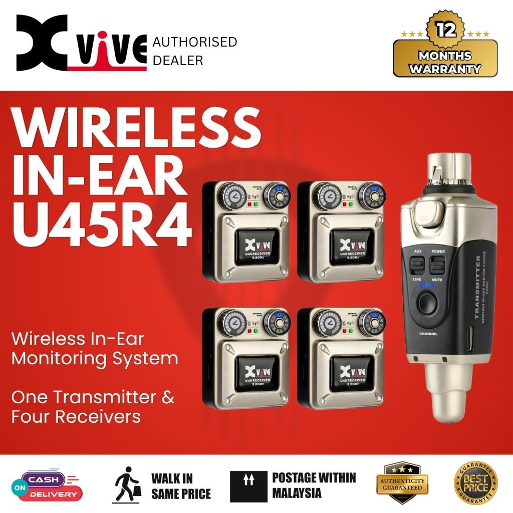Xvive U45R4 5.8GHz ระบบตรวจสอบอินเอียร์ไร้สาย สี่แพ็ค - ตัวส่งสัญญาณและตัวรับสัญญาณสี่ตัว