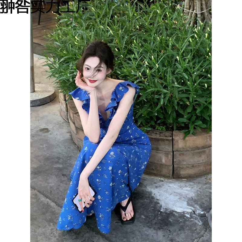 Klein Blue White ดอกไม้โรแมนติก Laced-Up V คอชุดฝรั่งเศสหญิงวันหยุดชุดยาวฤดูร้อน NCO7