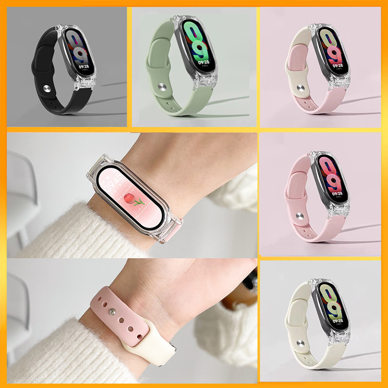 2in1 สาย+เคส สายรัดข้อมือซิลิโคน สำหรับ Xiaomi Mi Band 9/8/7/6/5/4/3 แฟชั่น หลายสีให้เลือก