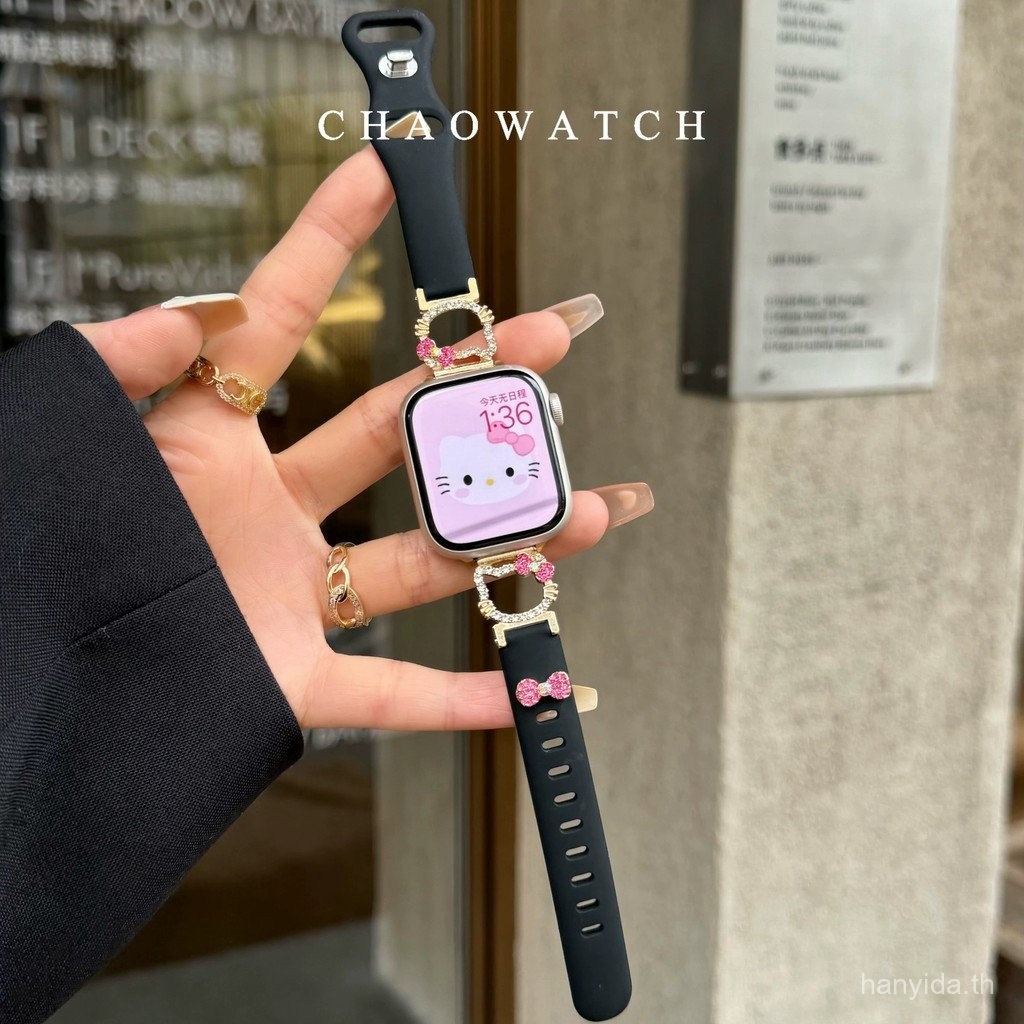 สายรัดซิลิโคนลายการ์ตูนเพชร kt แมวน่ารักสำหรับ AppleWatch รุ่นที่ 10 987654321   , SE, SE2, อัลตร้า,