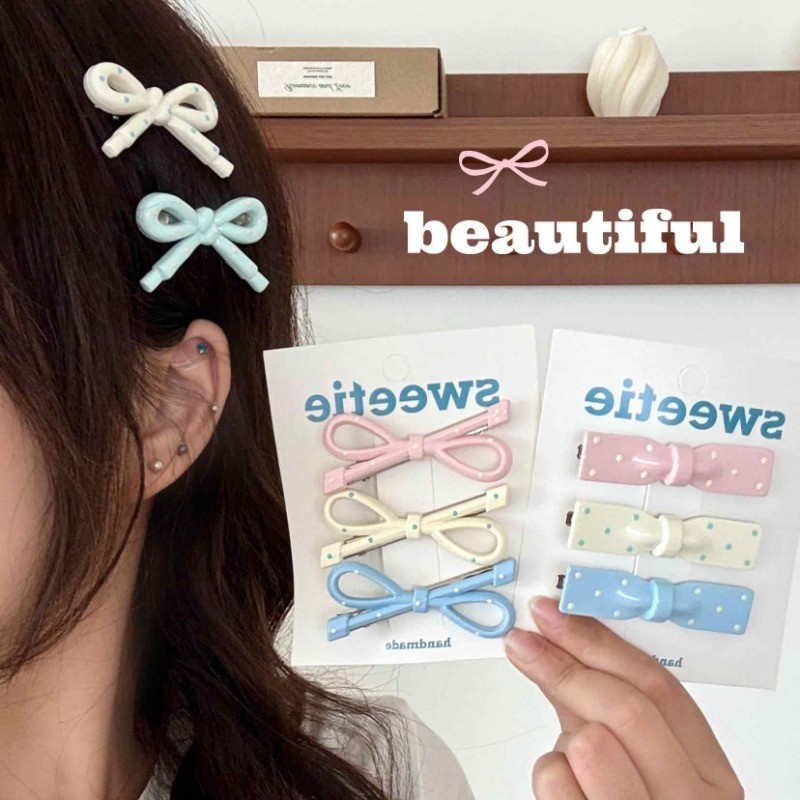 4ชิ้นสีครีมลายจุดโบว์กิ๊บสาวหวานด้านเรียบคลิป