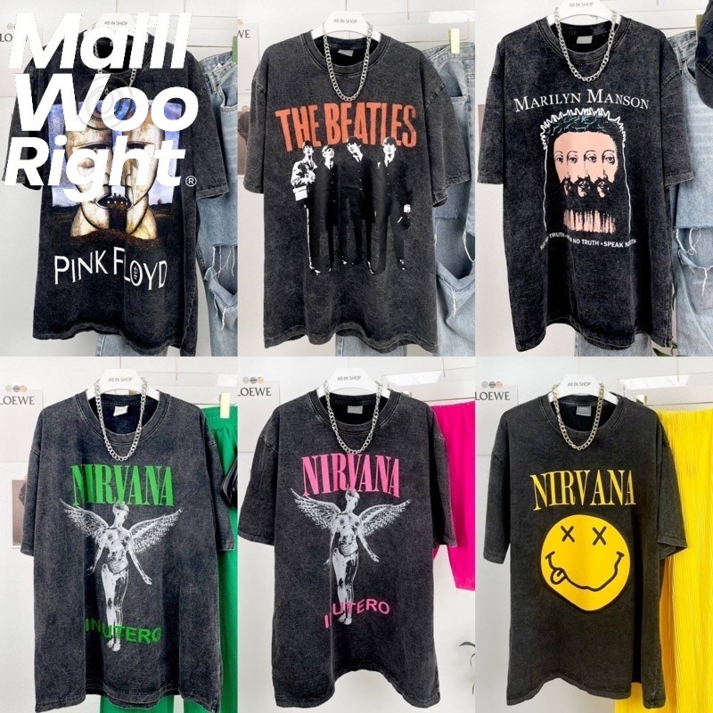 （จัดส่งตลอด 24 ชั่วโมง）HY  trendy menswear พร้อมส่งเสื้อยืดผ้าฟอกวินเทจ โอเวอร์ไซส์ เสื้อวง