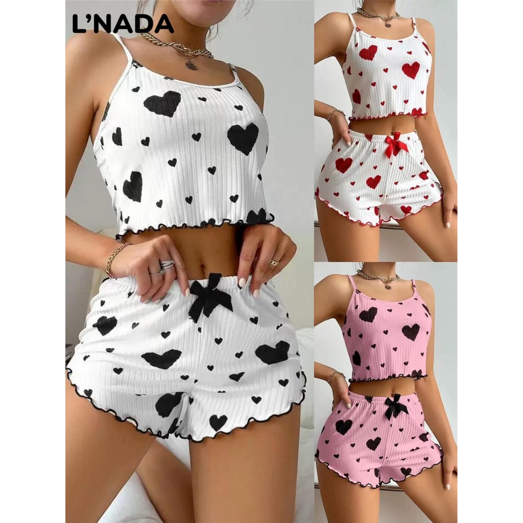 L'NADA พร้อมส่ง เซ็ทชุดนอน 2 ชิ้น ลายหัวใจน่ารัก เนื้อผ้านิ่มคุณภาพดี