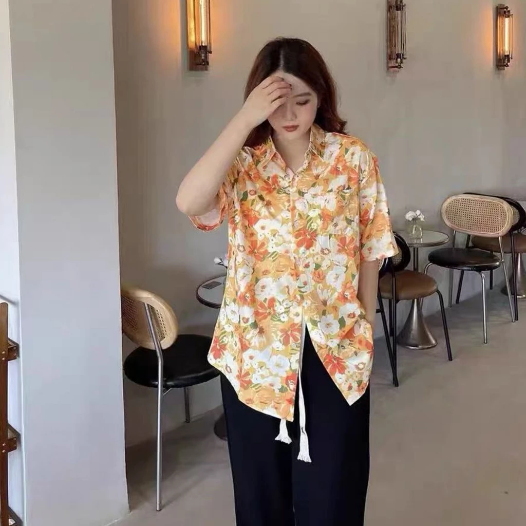 เสื้อฮาวายผู้หญิง ลายดอก สีส้ม ผ้าไหมอิตาลี thumbnail 4