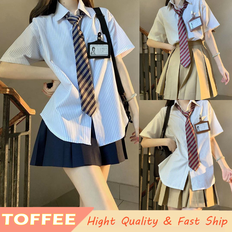 ญี่ปุ่นเซ็กซี่ JK สําหรับผู้หญิงสั้นลายเสื้อ Tie กระโปรงสีน้ําเงินเข้มชุดผู้ใหญ่ Hight School สาวทุก