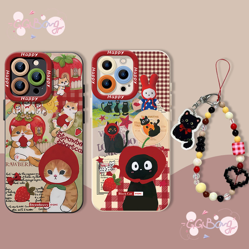 เคสไอโฟน 16 11 สำหรับ IPhone 16 XR 15 13 11 12 14 Pro Max 7 16 15 Plus XS X Max เคสลายกระต่ายแมวดำวินเทจลายสตรอเบอร์รี่