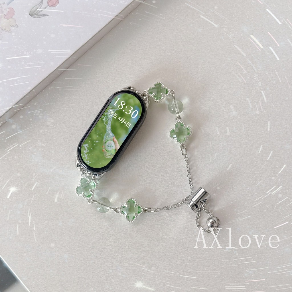 INS ลูกปัดคริสตัล Clover สายคล้องคอสําหรับ Xiaomi Mi Band 9 8 7 Pro 6 5 4 3 สายรัดข้อมือ Active สร้อยข้อมือสีลูกกวาดไม่มีนาฬิกา