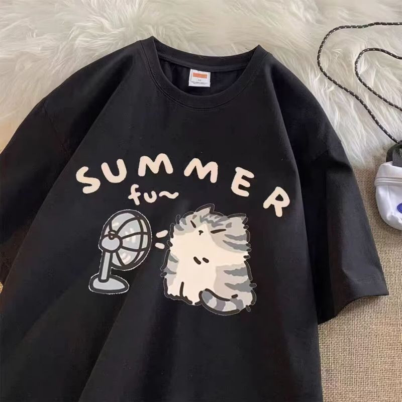 EERSHENSHI การ์ตูนพัดลมแมวผ้าฝ้ายแขนสั้นเสื้อยืด Niche Design ครึ่งแขนหลวม
