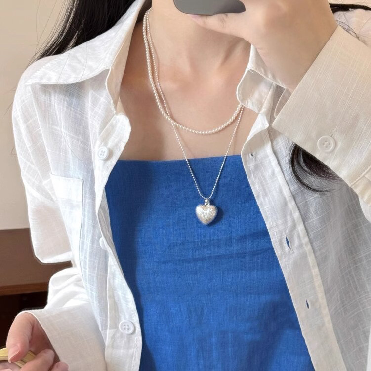 สร้อยคอมุกรูปหัวใจเกาหลีสำหรับหญิง สีเงิน ของขวัญวันเกิดนักเรียน
