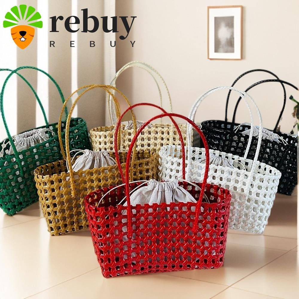 ซื้อซ้ํา ถุงสานกลวง,พลาสติกความจุขนาดใหญ่กระเป๋าชายหาด,สไตล์ชนบทที่เรียบง่ายวันหยุดสไตล์สไตล์โบฮีเมียนตะกร้าผักกระเป๋าวันหยุด