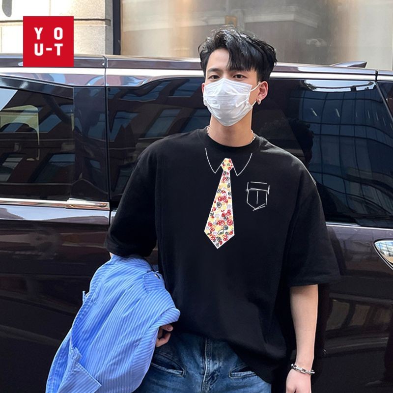 Y-T🔥【จัดส่งจากประเทศไทย】เสื้อยืดโอเวอร์ไซส์ คอกลม ผ้าฝ้าย 100% พิมพ์ "เน็คไท" ไม่หดตัว เสื้อยืดยูนิเซ็กส์ สไตล์ลำลอง