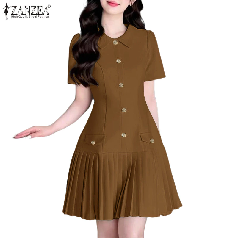 ZANZEA ชุดเดรสสตรีปกเกาหลีจีบวันหยุด