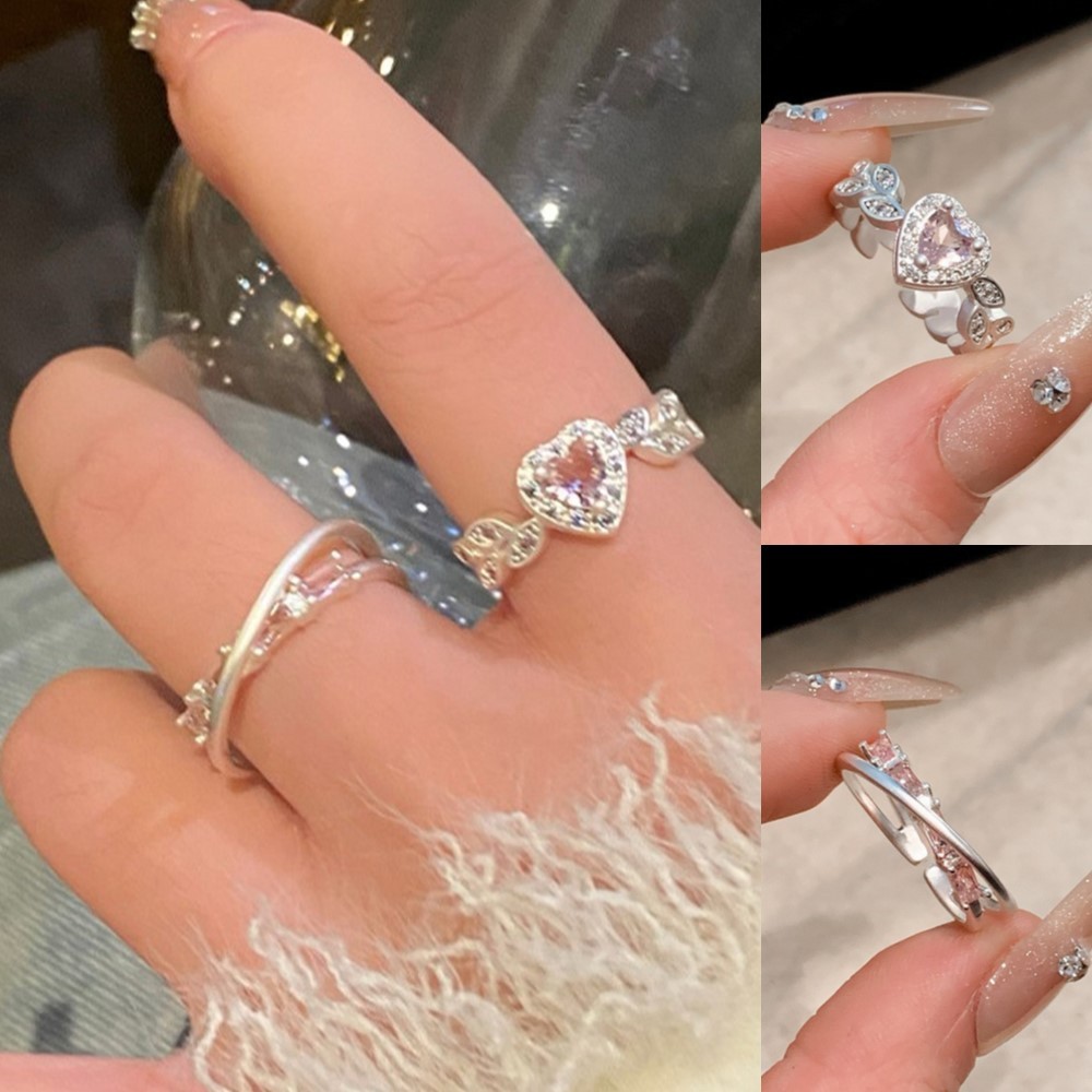 แหวนสองชั้นสีชมพูสำหรับเด็กผู้หญิง พร้อมหางรักและขนาดปรับได้ สไตล์เกาหลี