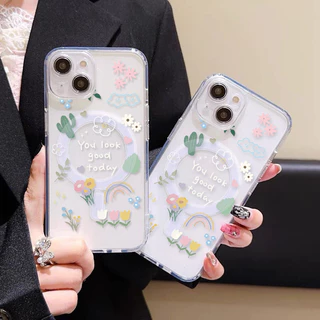 สำหรับ iPhone 17 16 PROMAXเคส iPhone11 เสริมสร้างแม่เหล็กอะคริลิคใสกระดานแข็ง TPU กรอบนุ่มกันกระแทก ดอกไม้ iP14 13 12 15