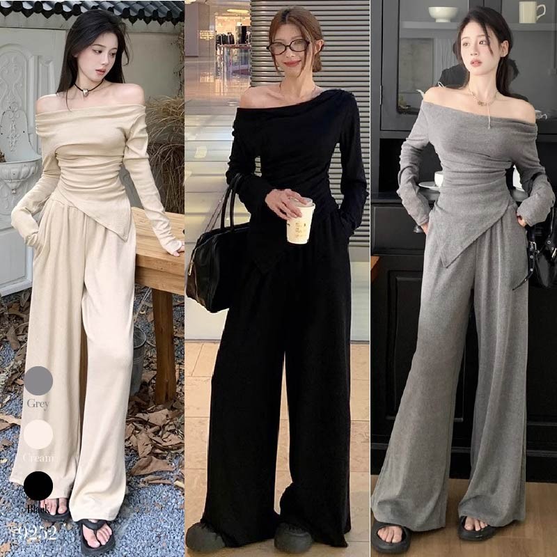 เซ็ต2ชิ้น เสื้อแขนยาว คอถ่วง สีดำ /สีพื้น จับจีบเอว ชายเสื้อแหลม+กางเกงขายาวยางยืด กระเป๋า2ข้าง #9252