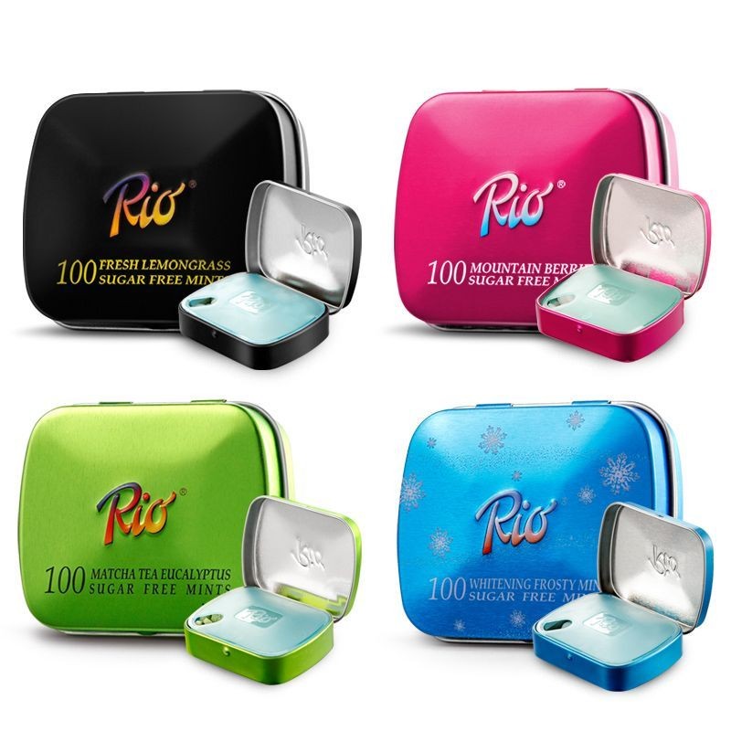RIO Mint Candy Fresh Breath Candy หมากฝรั่งปราศจากน้ําตาลกล่องดีบุกขนาดเล็ก Kissing Candy ลูกอมมูลค่