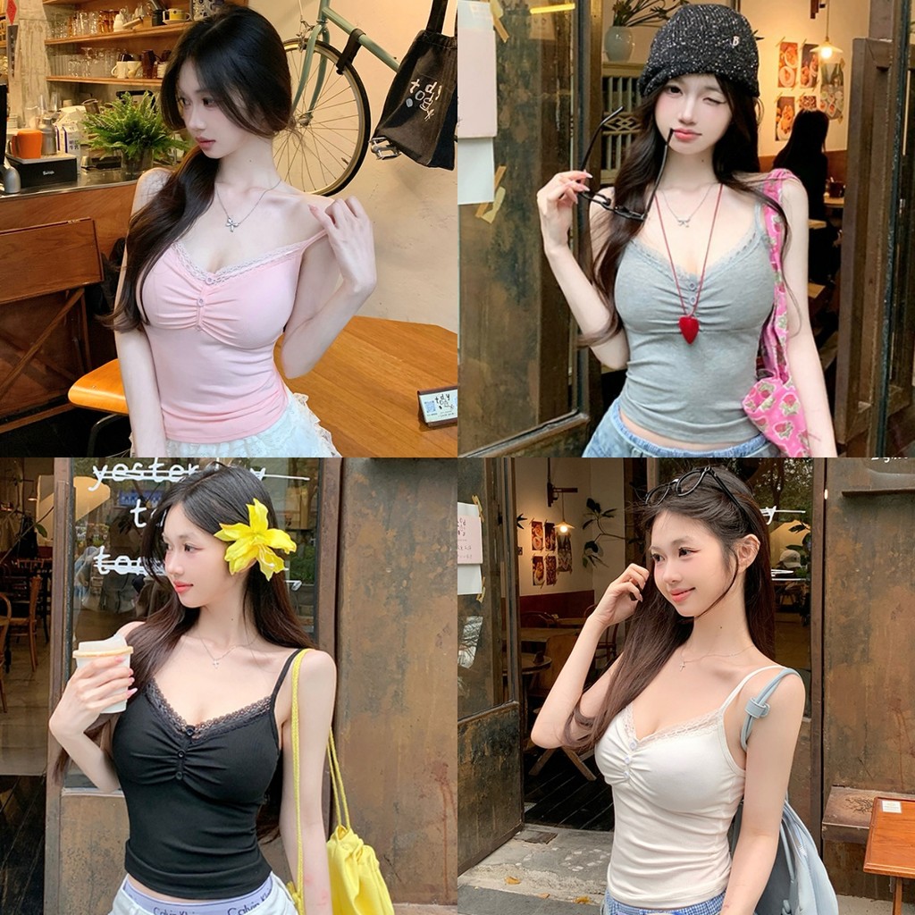 🥭Evelyn🥭เสื้อแขนกุด เข้ารูป แต่งลูกไม้ เสื้อสายเดี่ยว สีพื้น มีฟองน้ำ ใส่สบาย สไตล์ลำลอง แฟชั่นสำหรับผู้หญิง