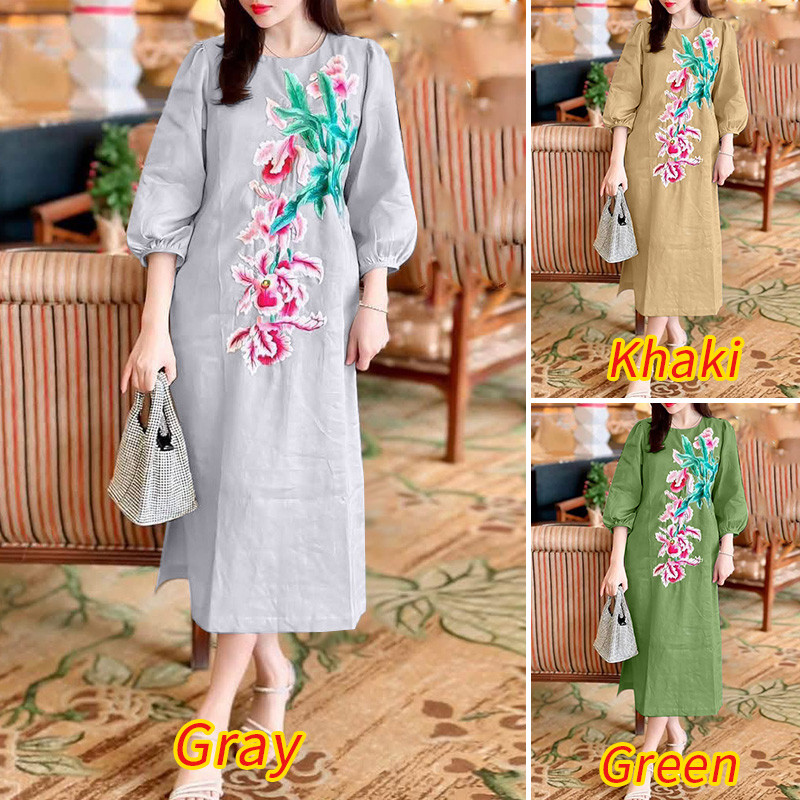 ZANZEA ผู้หญิงเกาหลี Ladylike สタイルลูกเรือคอ 3/4 แขนโคมไฟพิมพ์ลายดอกไม้ Midi Dress - รูปที่ 2