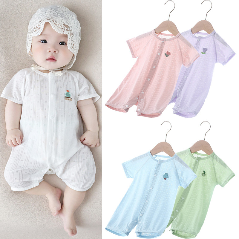 สีธรรมดาตาข่ายระบายอากาศผ้าฝ้าย ชุดรอมเปอร์ 0-12เดือน ชุด เด็กทารกหญิงชายบอดี้สูทแขนสั้น ชุดจั๊มสูท