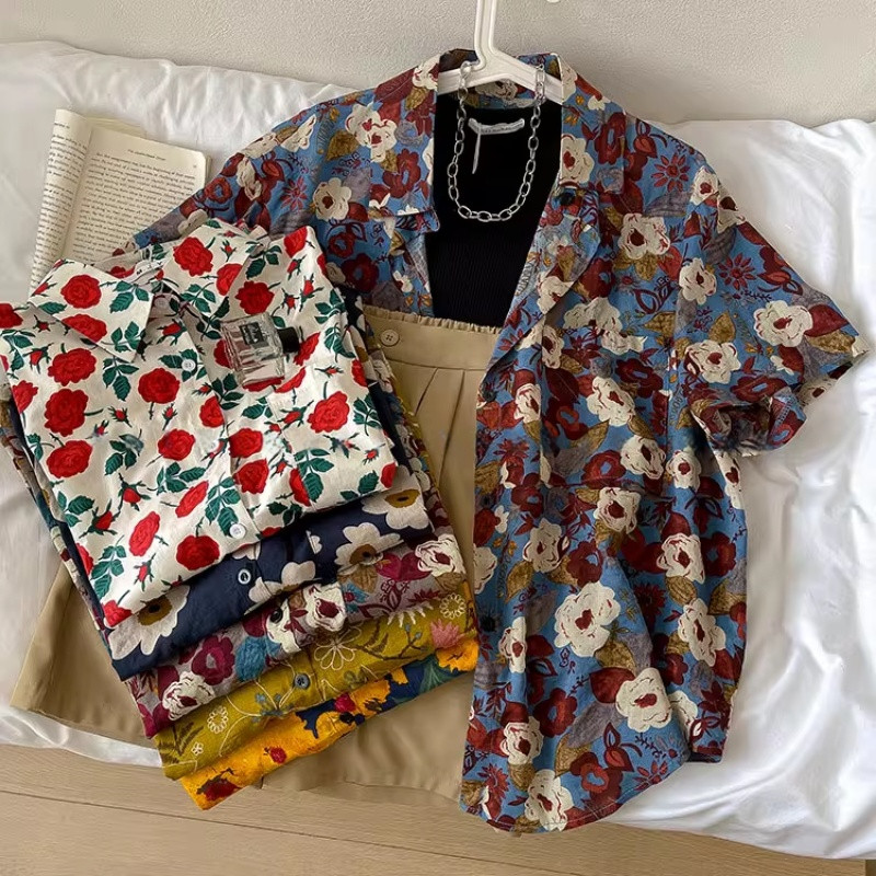 Solovely ผู้หญิง เก๋ หลวม ลายดอกไม้ เสื้อเชิ้ต เกาหลี สตรีทสไตล์ แขนสั้น เสื้อตัวบน