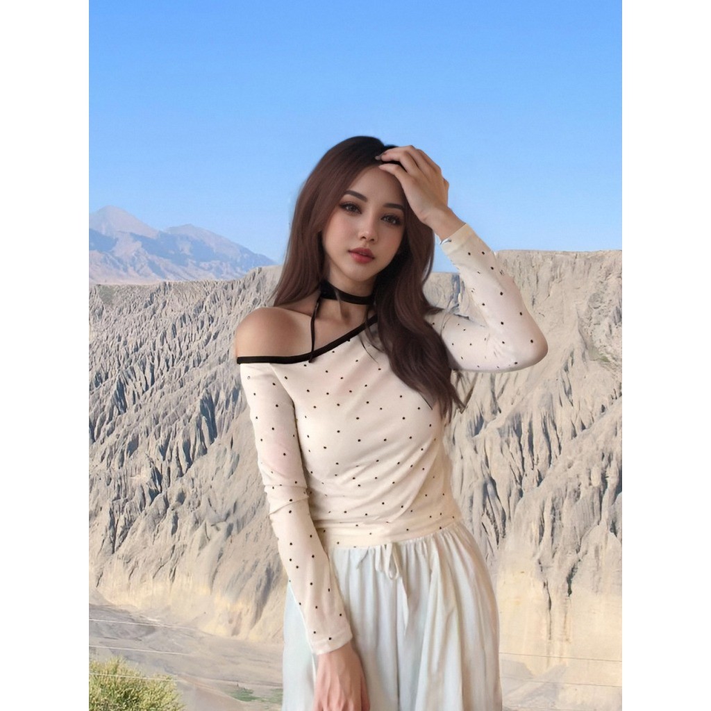 เสื้อยืดแขนยาวผู้หญิงทรงเข้ารูป ดีไซน์เปิดไหล่สุดคิวต์ ใส่แล้วดูเกาหลีมากๆ - รูปที่ 2