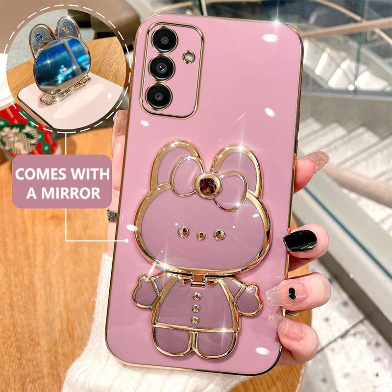 เคสโทรศัพท์ Samsung Case TPU Soft Case Plating Bracket Mirror hello kitty Rabbit เหมาะสําหรับ Samsung Gaxaly S20 S21 S22 S23 S24 FE S25 Plus S25 Ultra
