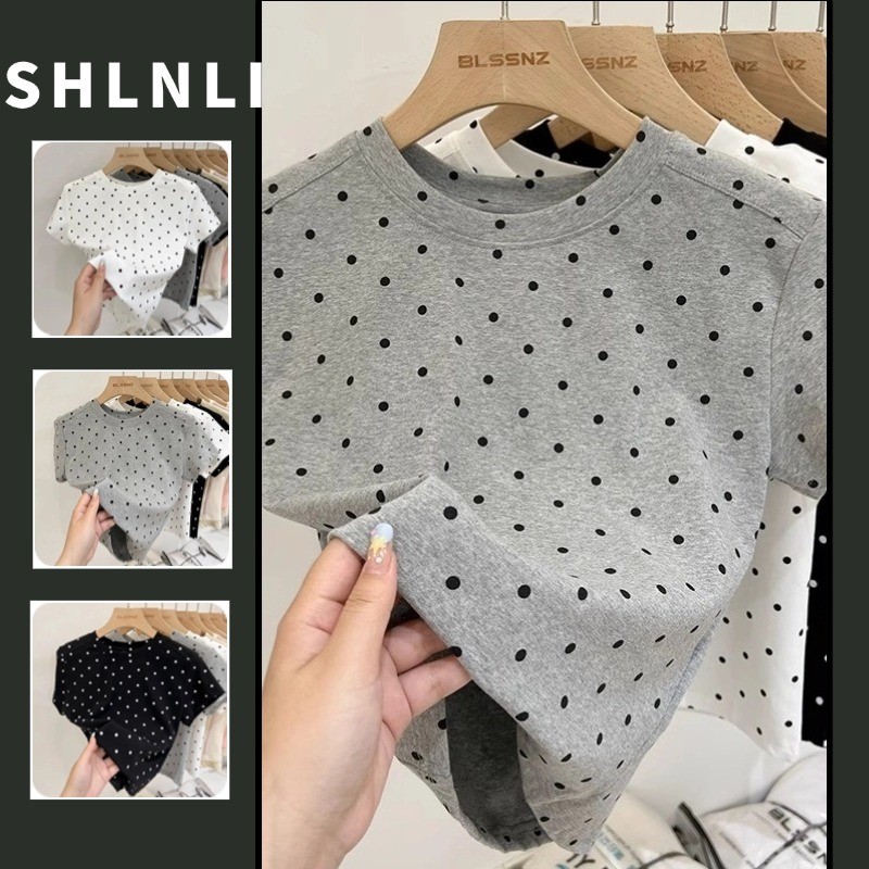 เสื้อยืดพิมพ์ลาย Wave Dot แบบสั้นสําหรับผู้หญิงฤดูร้อนคอกลมอเนกประสงค์ Sweet Top