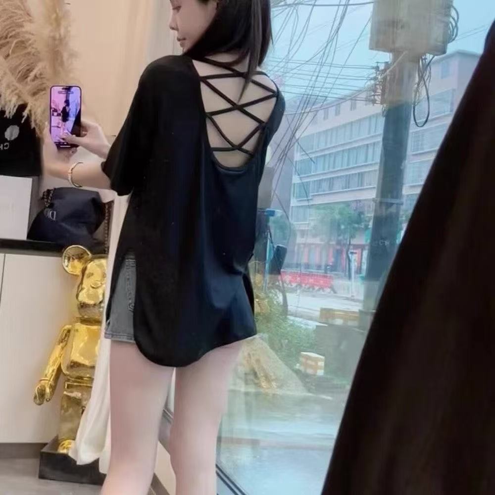 Plus ขนาด (50-150 กก.) เซ็กซี่แยกผู้หญิง Oversize เสื้อแขนสั้นสายคล้องคอ Backless Tshirt ธรรมดาแฟชั่น T เสื้อ